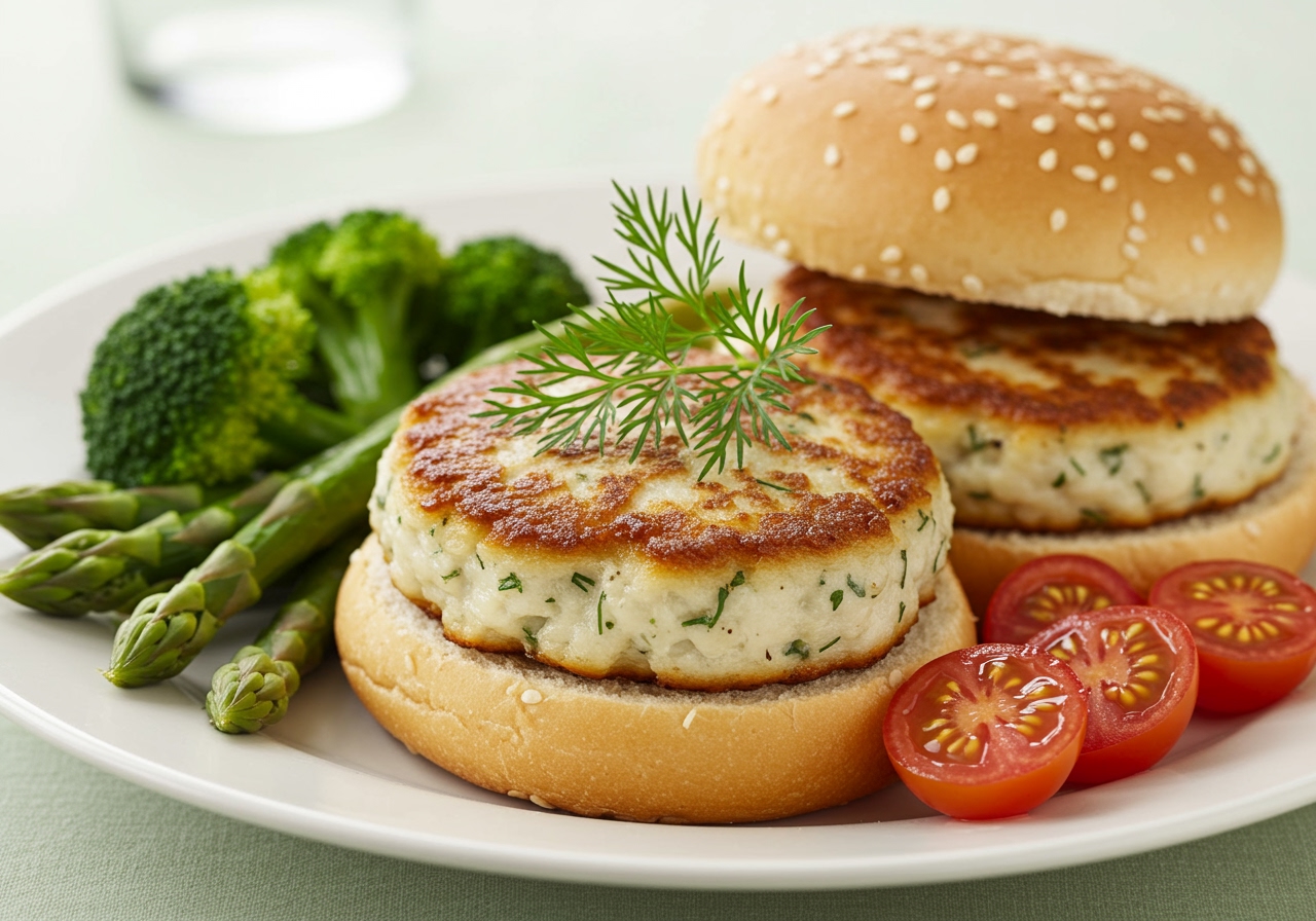 Cooked white fish hamburgers being served on a plate with a side of vegetables.