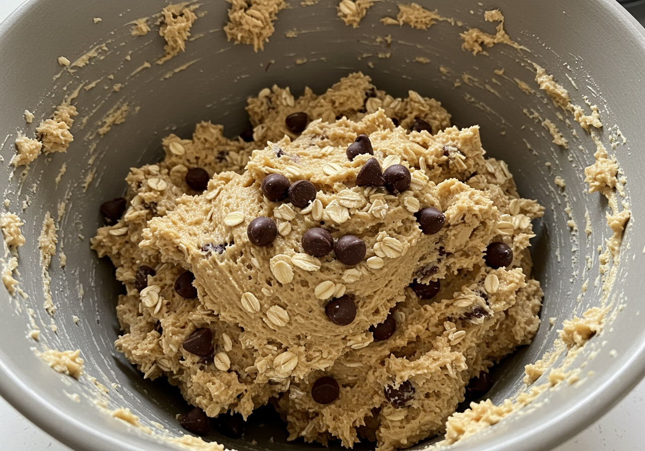 Cookie dough with oats and chocolate chips mixed in, ready to be scooped onto a baking sheet.