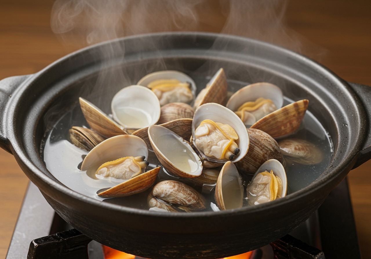あさりの酒蒸し cooking in a pot with steam