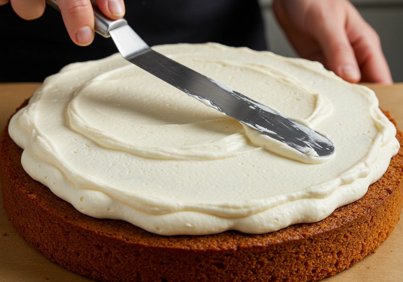Cream cheese frosting being spread smoothly onto the top of a cooled carrot cake using an offset spatula
