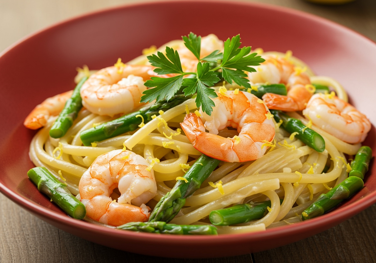 Creamy lemon shrimp and asparagus pasta in a bowl, garnished with fresh parsley and lemon zest.