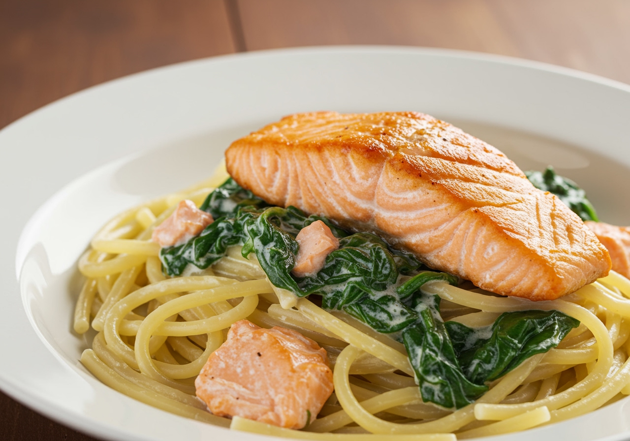 Creamy pasta featuring flaky salmon and spinach, with a rich sauce made from tofu or light cream base.