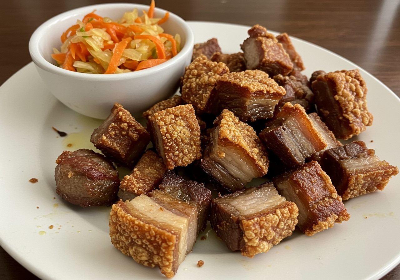 Crispy fried Griot pork pieces piled on a plate next to a small bowl of Pikliz