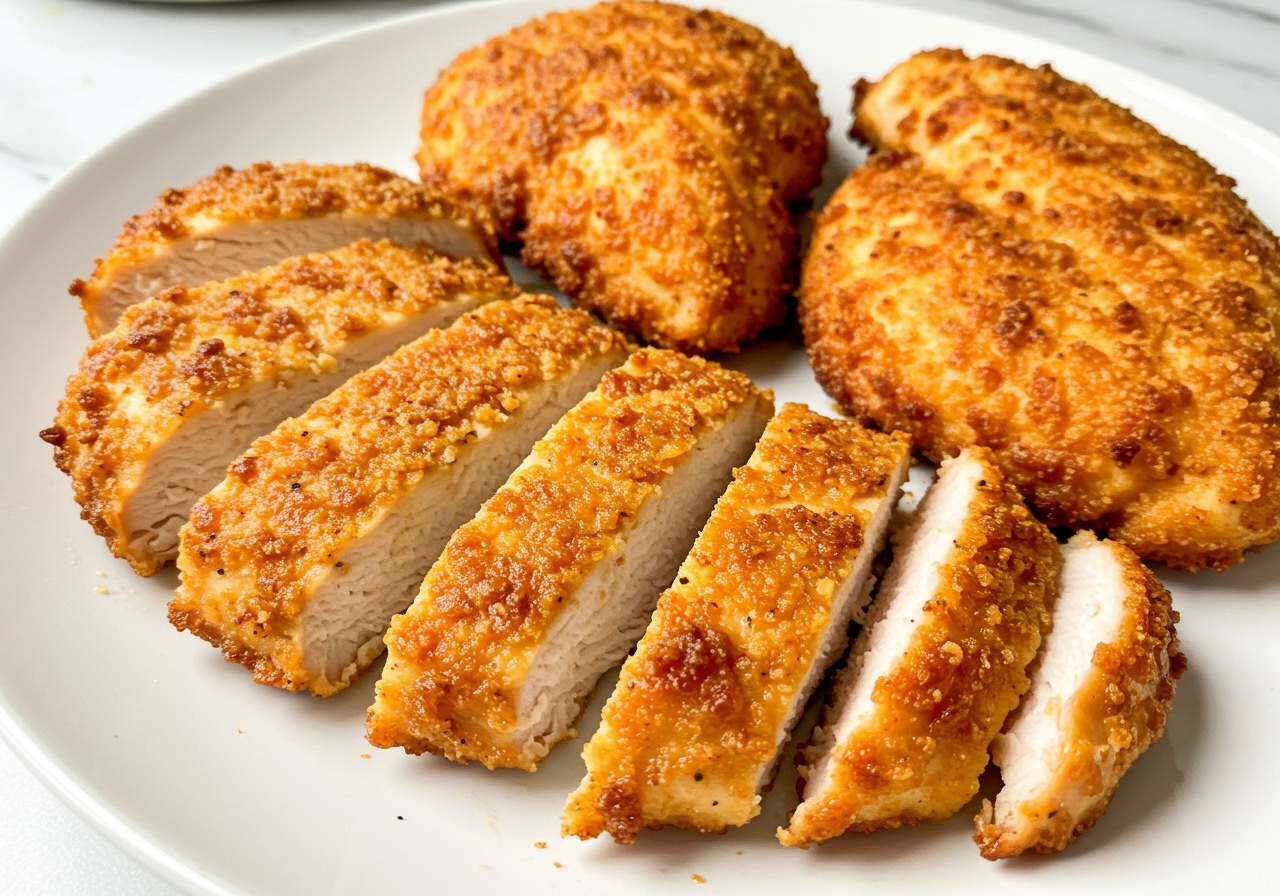Crispy golden brown chicken breast pieces cooked in an air fryer, sliced and served on a plate