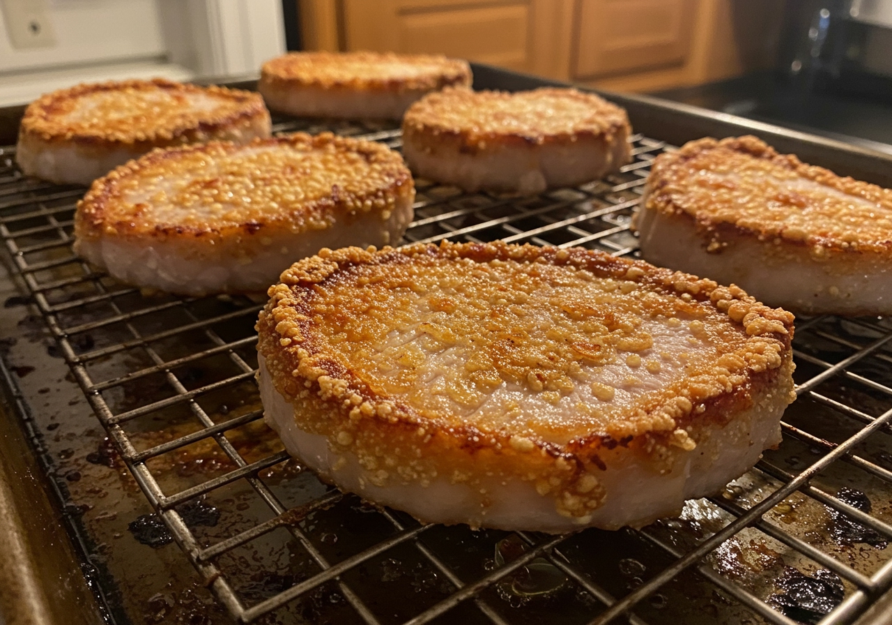 Crispy oven-baked pork chops on a wire rack over a baking sheet, fresh out of the oven, golden brown and looking juicy.
