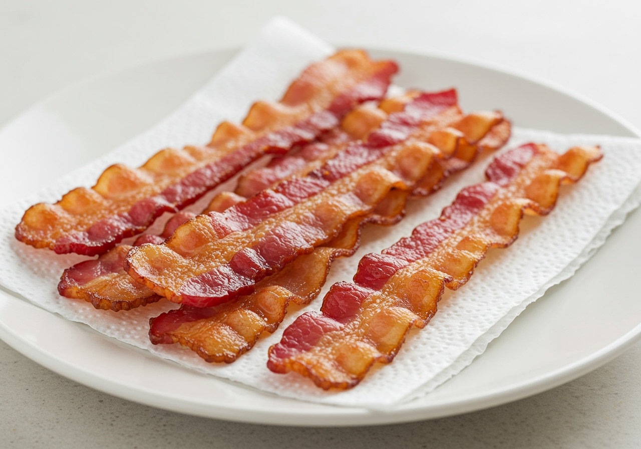 Crispy twisted bacon draining on paper towels on a plate.