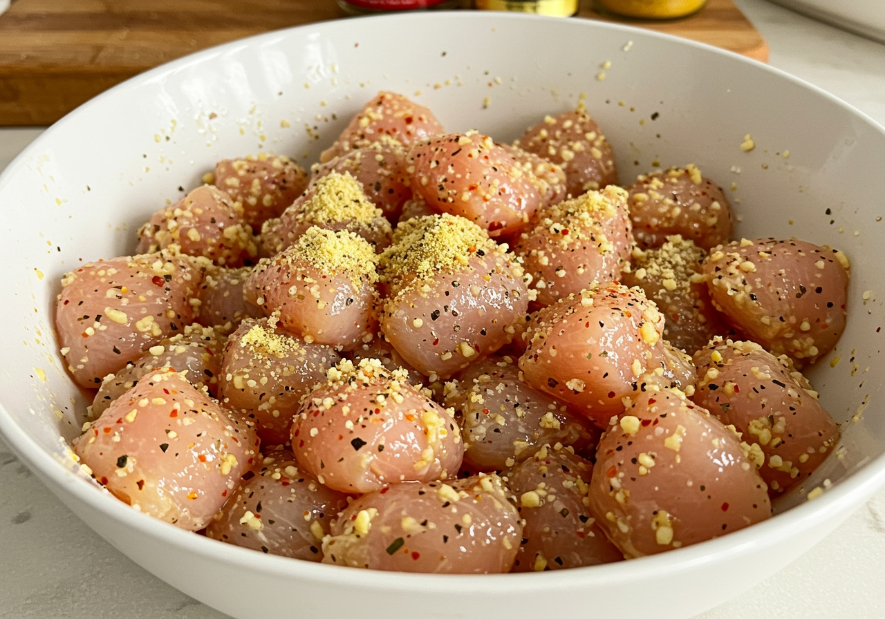 Cubed chicken pieces coated in a mixture of Parmesan cheese, garlic powder, paprika, salt, and pepper in a bowl, ready to be skewered.
