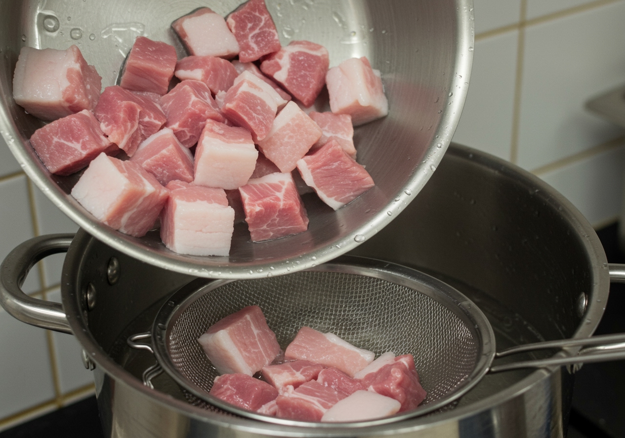 Cubed pork pieces being transferred from a pot to a colander to drain