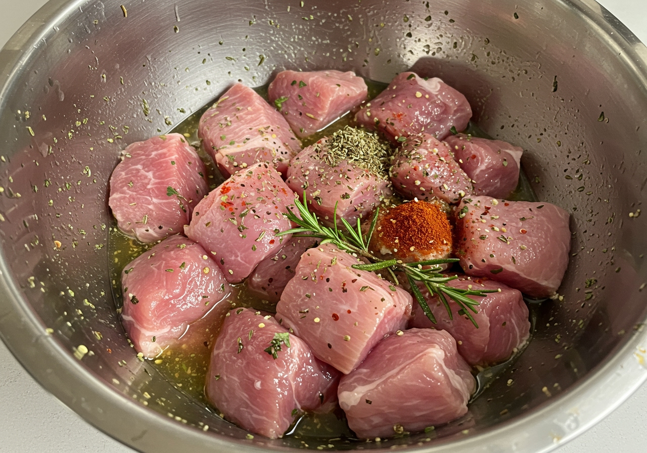 Cubed pork shoulder being marinated with citrus juice, herbs, and spices in a large bowl