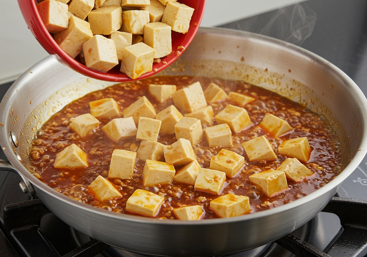 Cubed tofu gently added to the simmering sauce in a pan for easy mapo tofu.