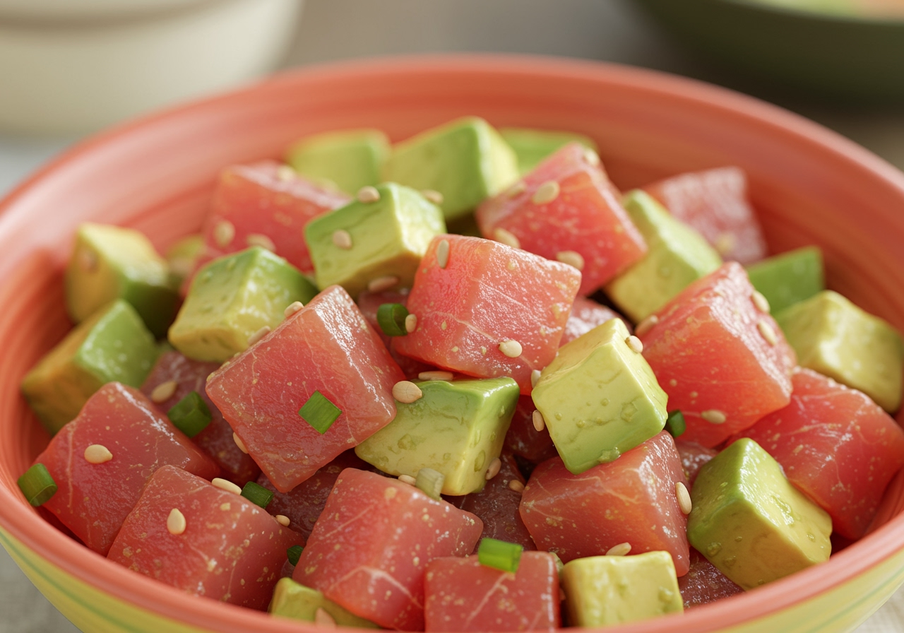 Cubes of fresh red tuna and sliced avocado mixed together in a bowl, with a light dressing, possibly garnished with green onions or sesame seeds.