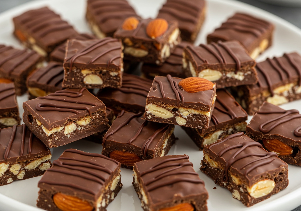 Delicious, bite-sized almond chocolate bars arranged neatly on a serving plate, some with a drizzle of chocolate, showing the texture of almonds within.