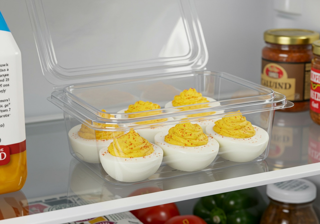 Deviled eggs stored in an airtight container in a refrigerator.