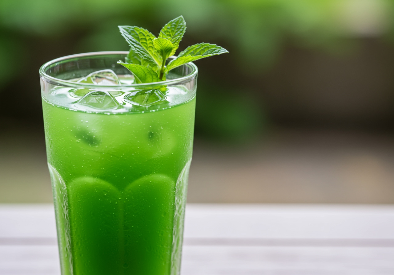 Diluted shiso juice in a glass with ice cubes and a mint leaf garnish