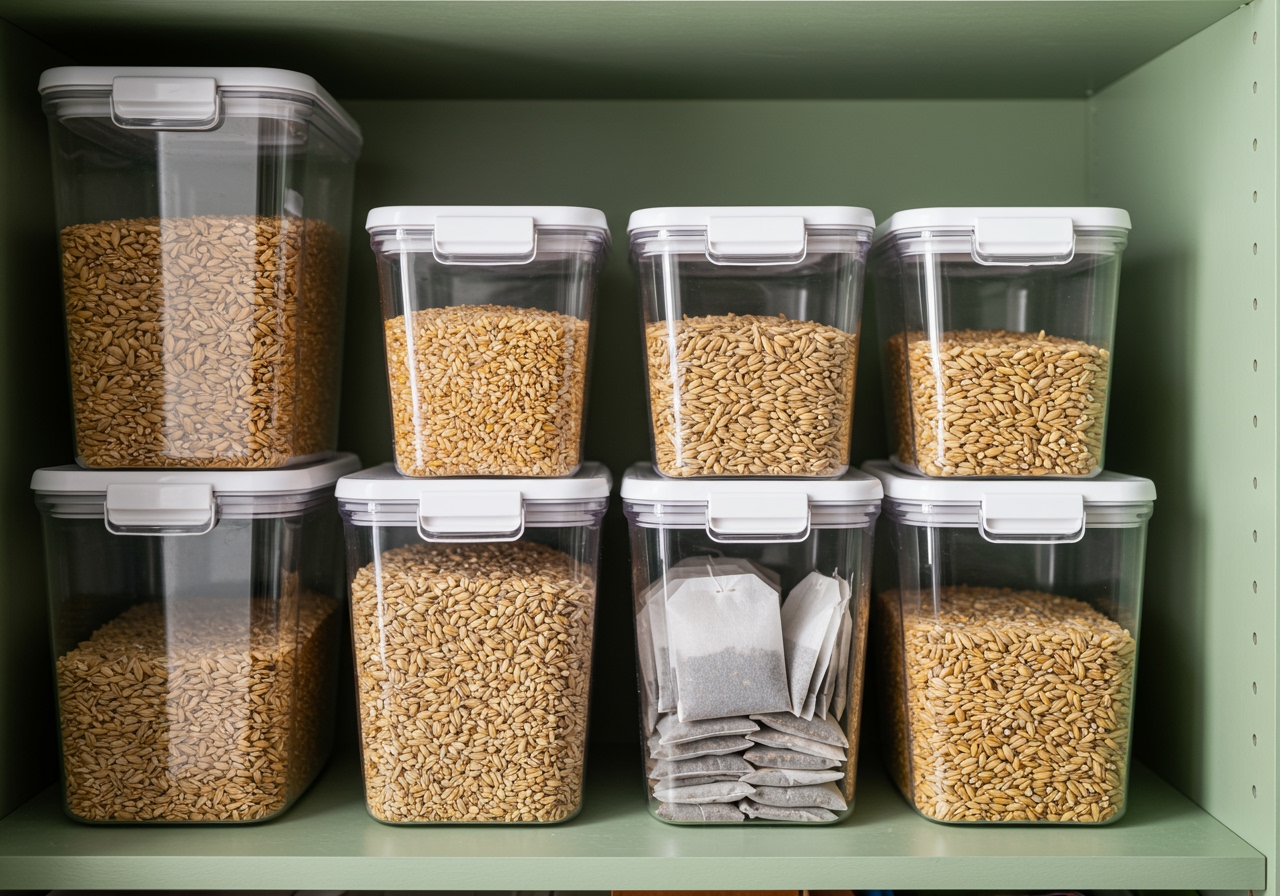 Dry barley grains and sealed barley tea bags stored in clear airtight containers in a pantry.