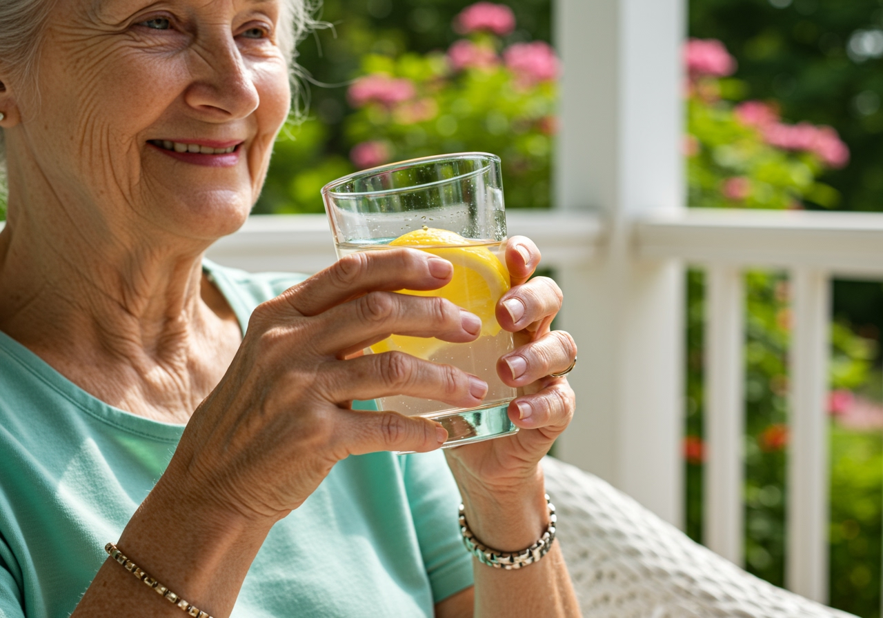Elderly person happily drinking a glass of lemon water