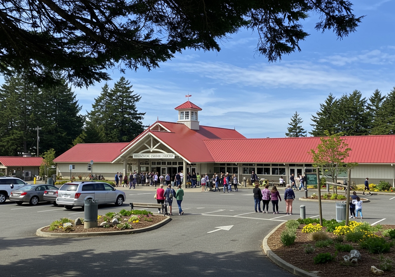 Exterior view of the Tillamook Creamery Visitor Center, with visitors visible, suggesting its popularity.