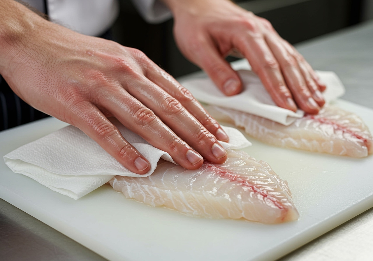 Fillets of white fish being patted dry with kitchen paper