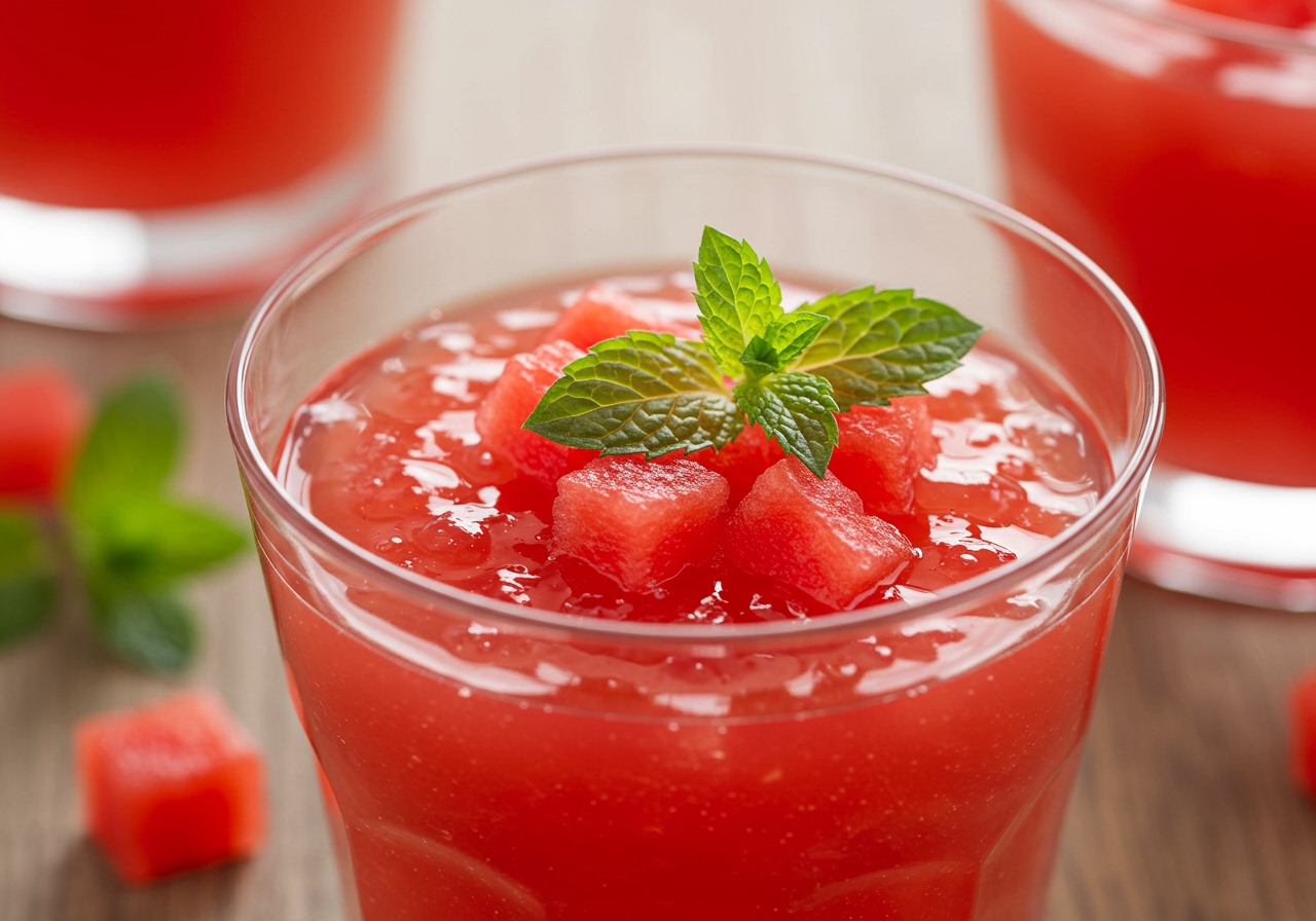Final served watermelon jelly in a glass, garnished with mint or small watermelon pieces
