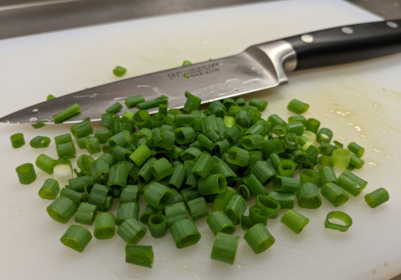 Finely chopped green onions on a white cutting board, with a sharp chef's knife nearby.