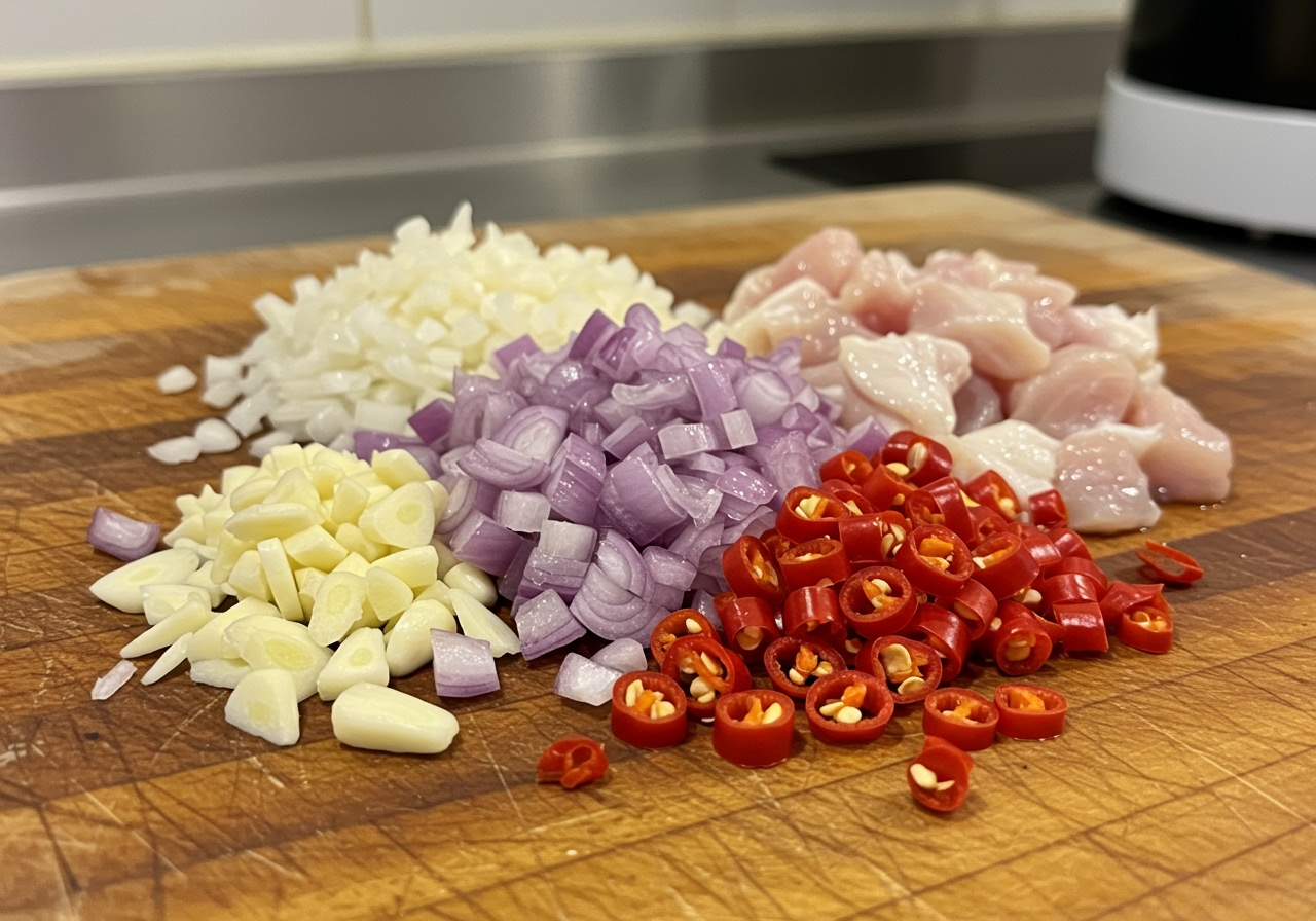 Finely chopped ingredients for Nasi Goreng including shallots, garlic, chili, and diced chicken.