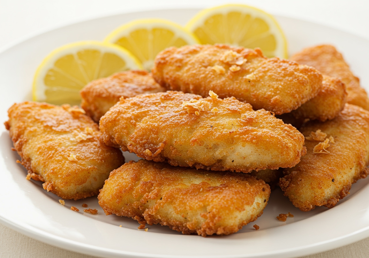Finished air fryer crispy fish fry on a plate with lemon wedges