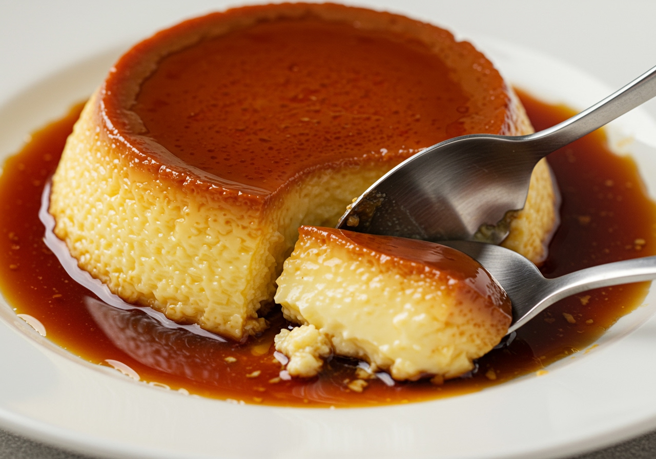 Finished Banh Flan, overturned on a plate, showing the dark caramel sauce, perhaps with a spoon digging in.