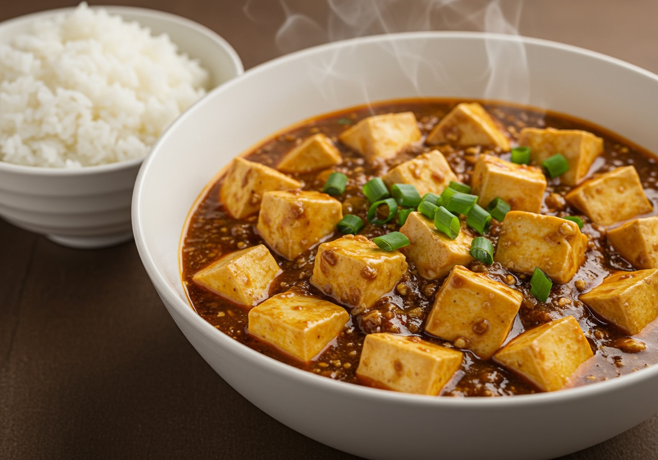 Finished easy mapo tofu served in a bowl with white rice.