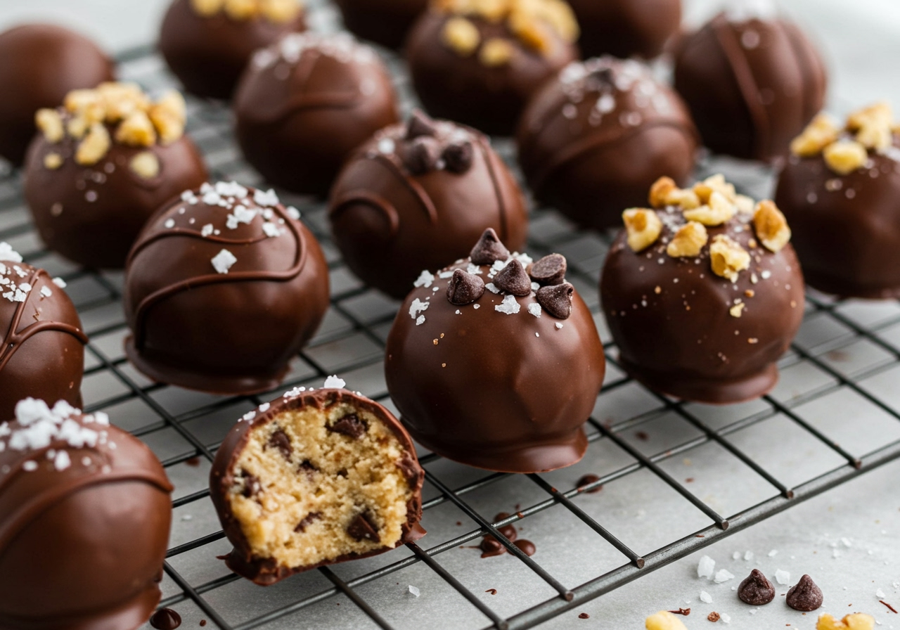 Finished healthy chocolate chip cookie dough truffles, coated in dark chocolate and some sprinkled with sea salt or chopped nuts, set on a cooling rack or parchment paper.