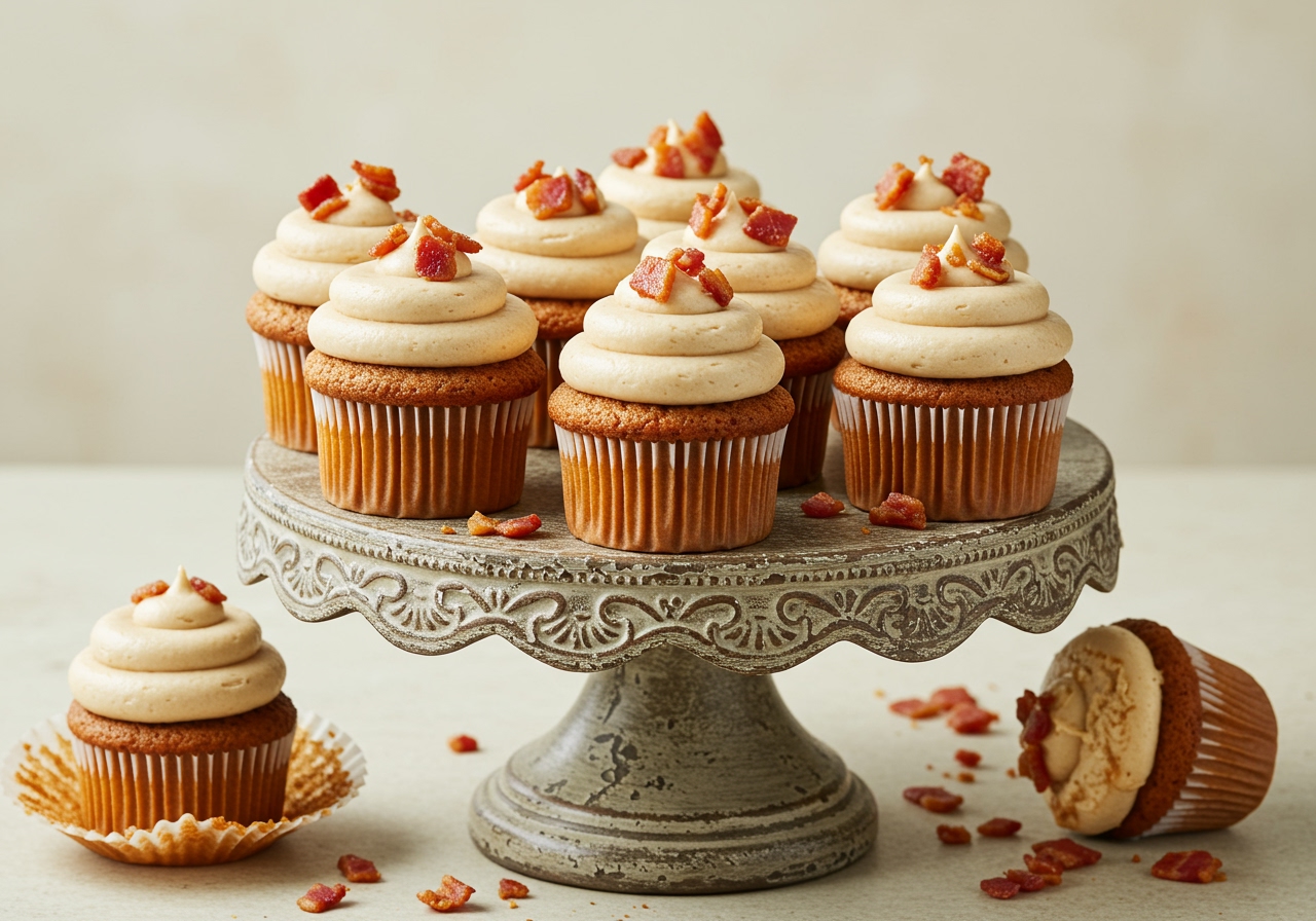 Finished maple bacon buttermilk cupcakes arranged on a cake stand, with maple buttercream frosting and sprinkled bacon bits.