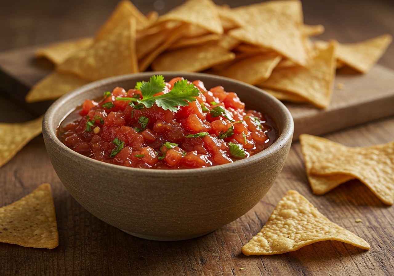 Finished roasted tomato salsa in a rustic ceramic bowl, garnished with fresh cilantro, with tortilla chips next to it.