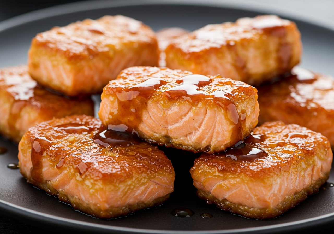 Finished salmon teriyaki nuggets coated in glossy teriyaki sauce, served on a plate.