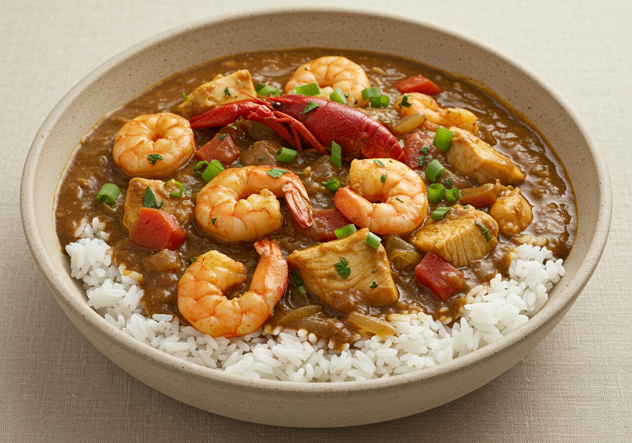 Finished seafood gumbo served in a bowl over rice, garnished with parsley or green onions