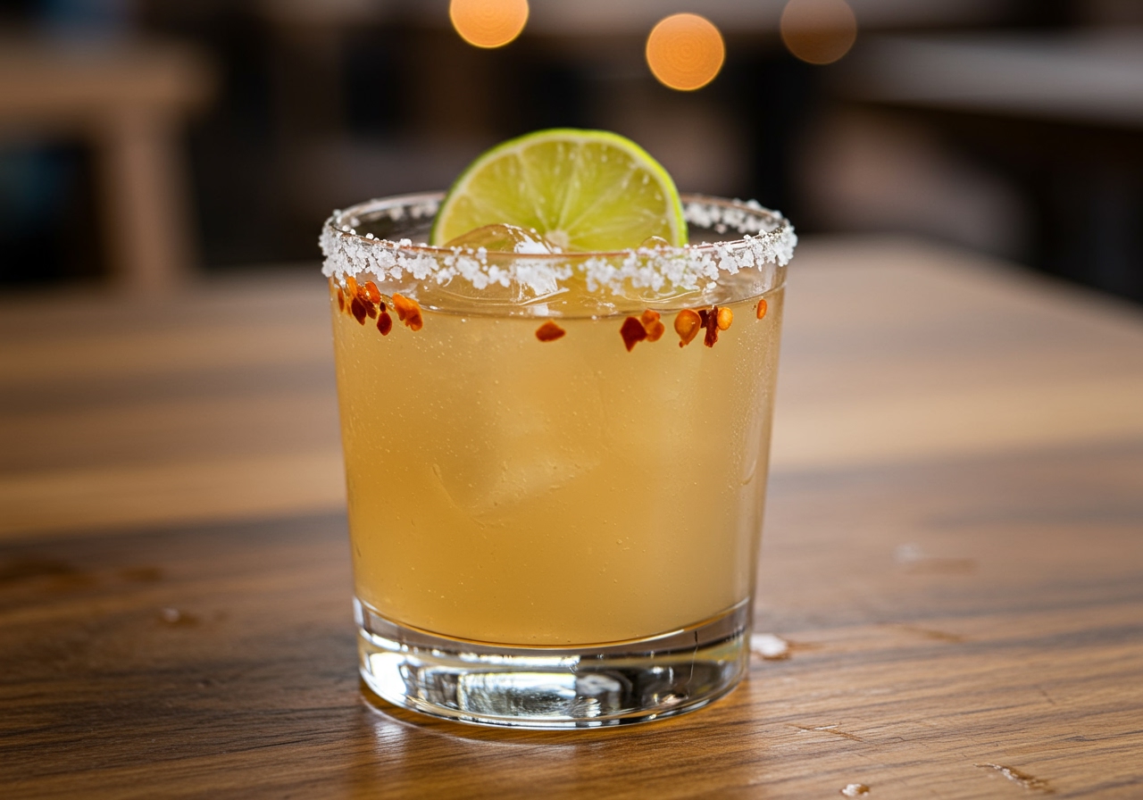 Finished spicy mezcal margarita cocktail in a glass, garnished with lime and chili, placed on a table with a blurred background implying a relaxed evening.