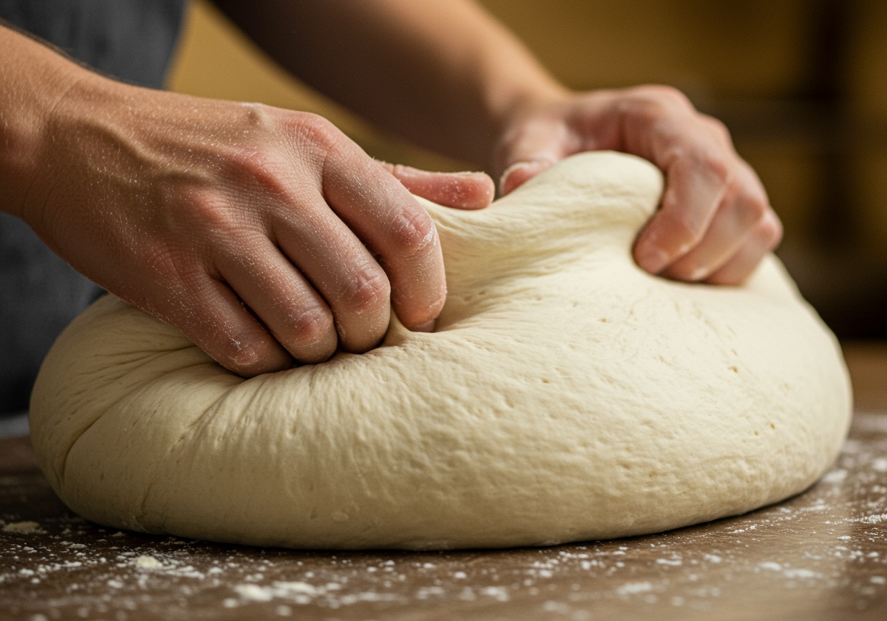 Fluffy pizza dough just removed from the bread maker, being punched down