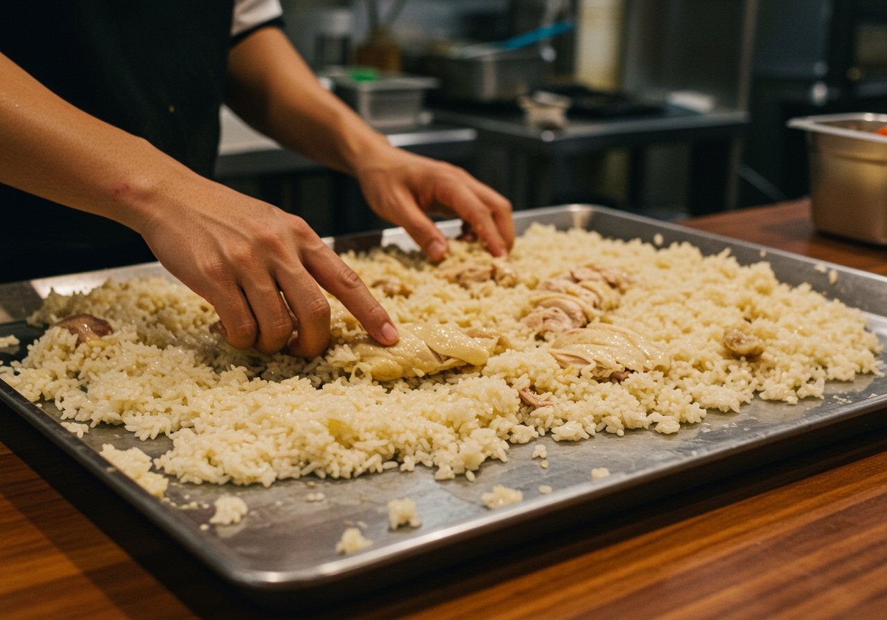 Fragrant chicken rice being spread on a tray to cool.