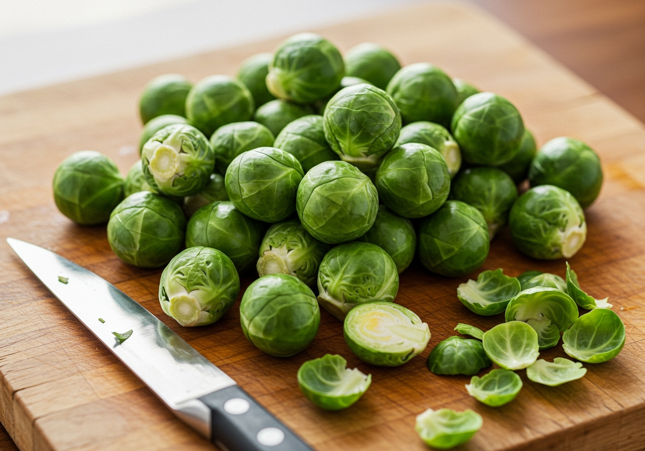 Fresh Brussels sprouts on a cutting board, ready to be prepared. A knife is beside them and a small pile of trimmed leaves is visible.