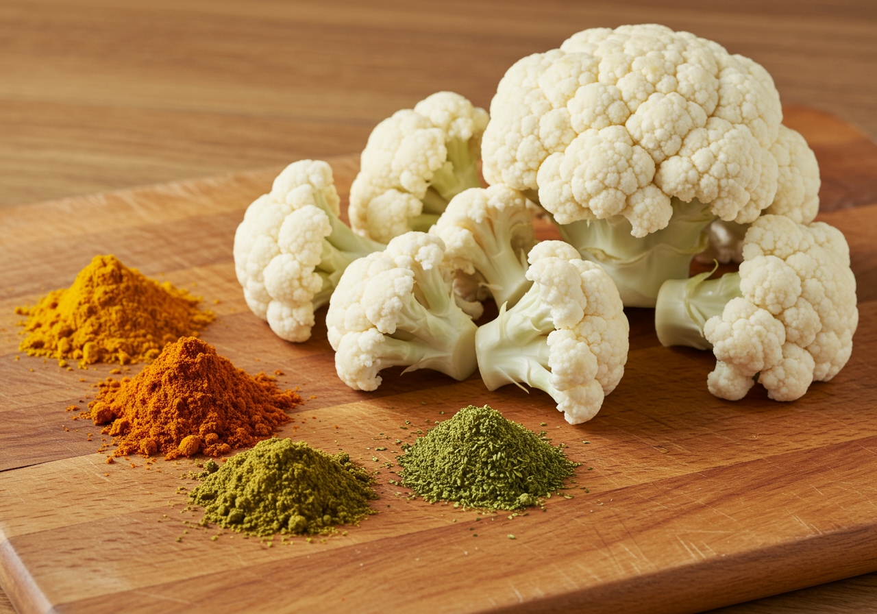 Fresh cauliflower florets ready for cooking, alongside various colorful curry spices like turmeric, cumin, and coriander powder, on a wooden cutting board.