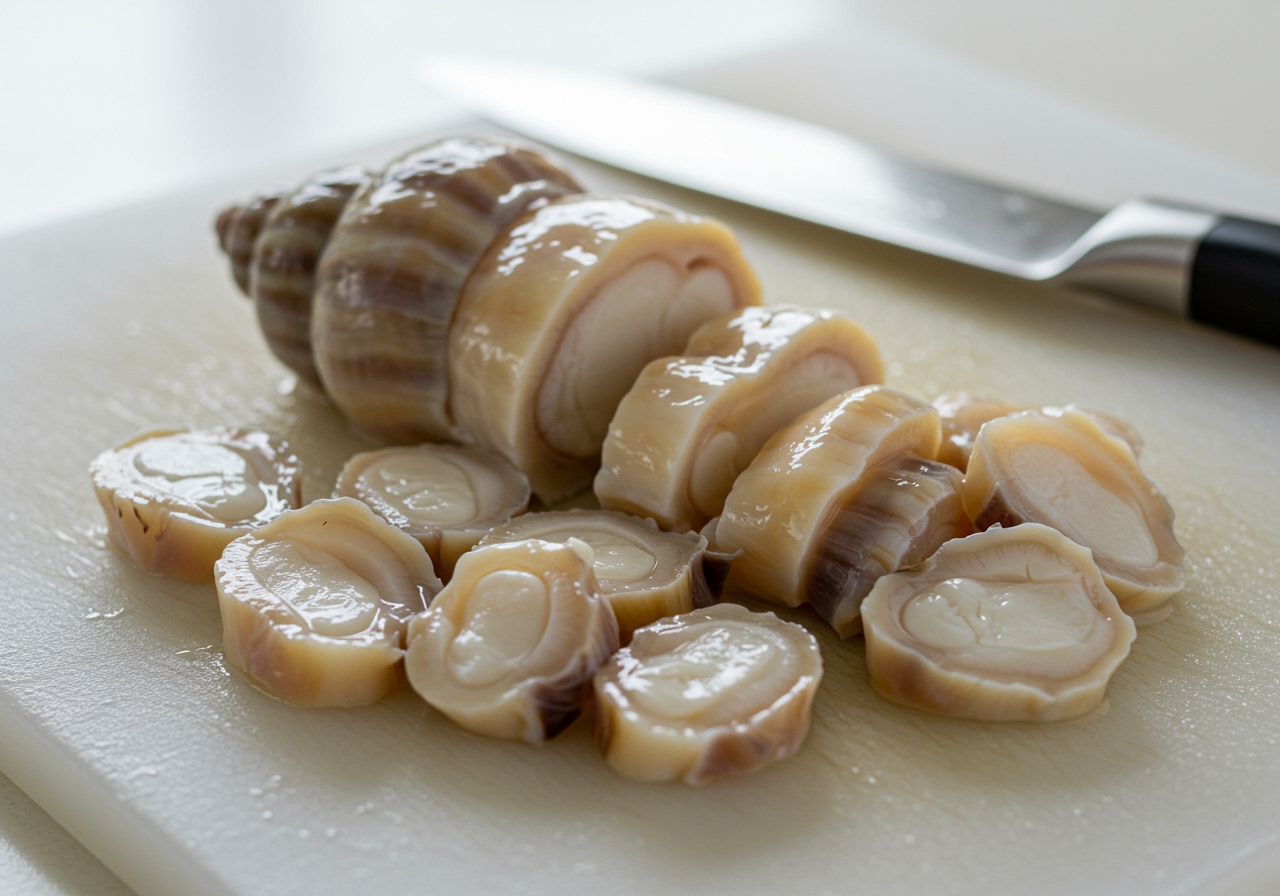 Fresh, cleaned conch meat (or spiral-shaped shellfish meat similar to conch) on a cutting board, ready for slicing. A chef's knife is nearby. Natural light.