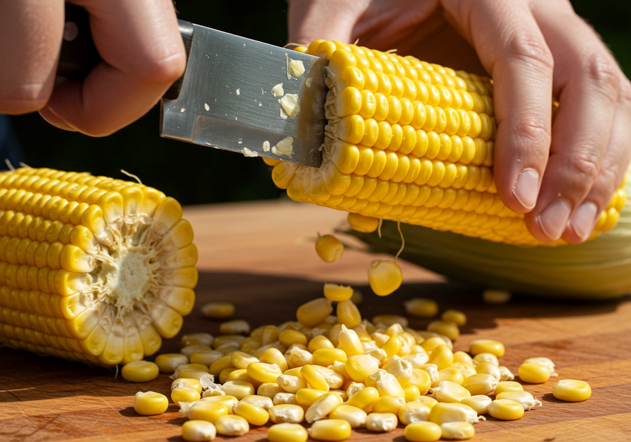 Fresh corn kernels being cut off the cob with a knife, showing the kernels and the remaining cob