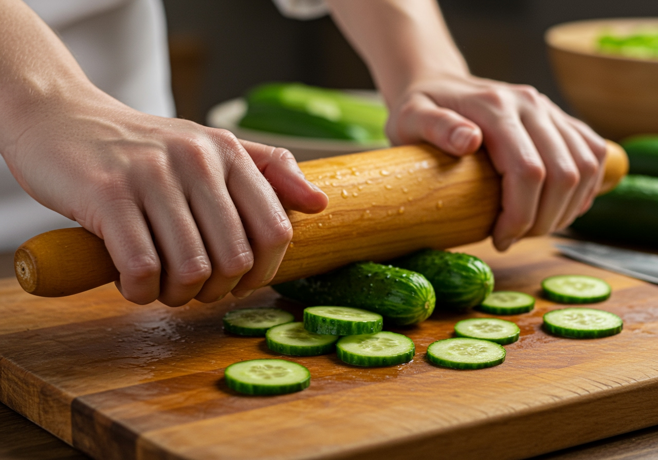 Fresh cucumbers being lightly smashed with a knife or rolling pin on a cutting board
