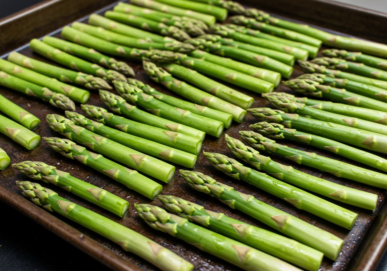 Fresh green asparagus spears on a baking sheet, ready to be seasoned.