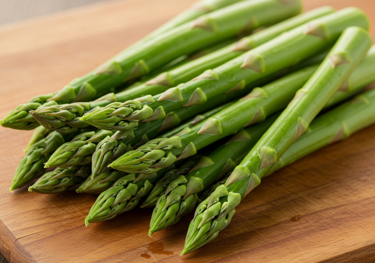 Fresh green asparagus spears, vibrant and crisp, on a wooden cutting board