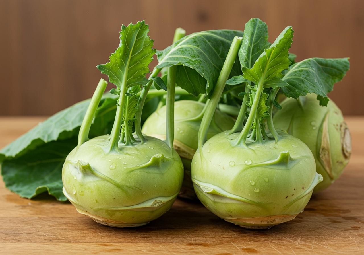 Fresh green kohlrabi bulbs with leaves attached, perhaps on a wooden table