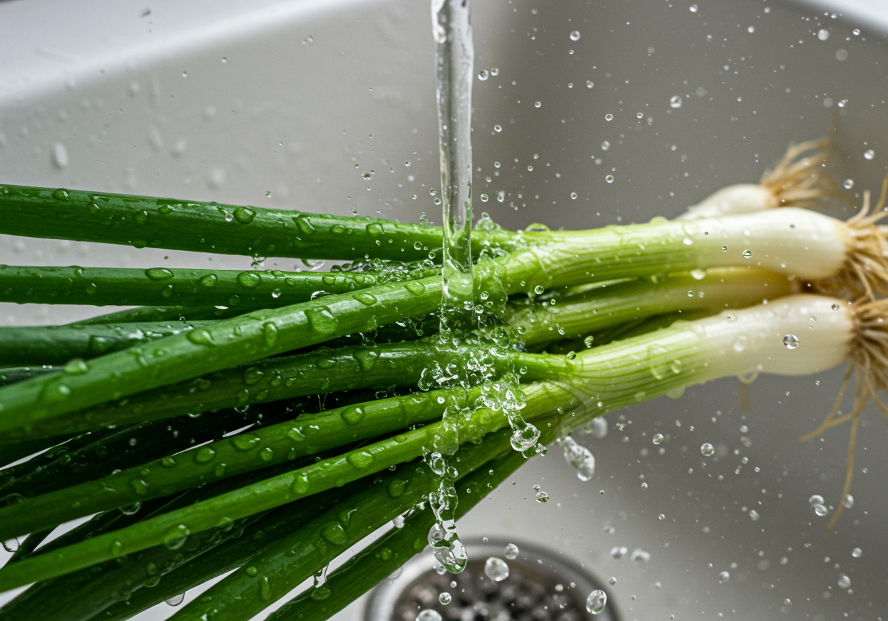 Fresh green onions being washed under running water, showing their vibrant color.