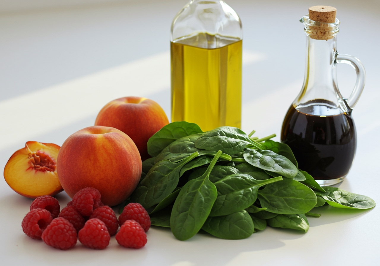Fresh ingredients laid out: spinach leaves, whole peaches, raspberries, olive oil, and balsamic vinegar.