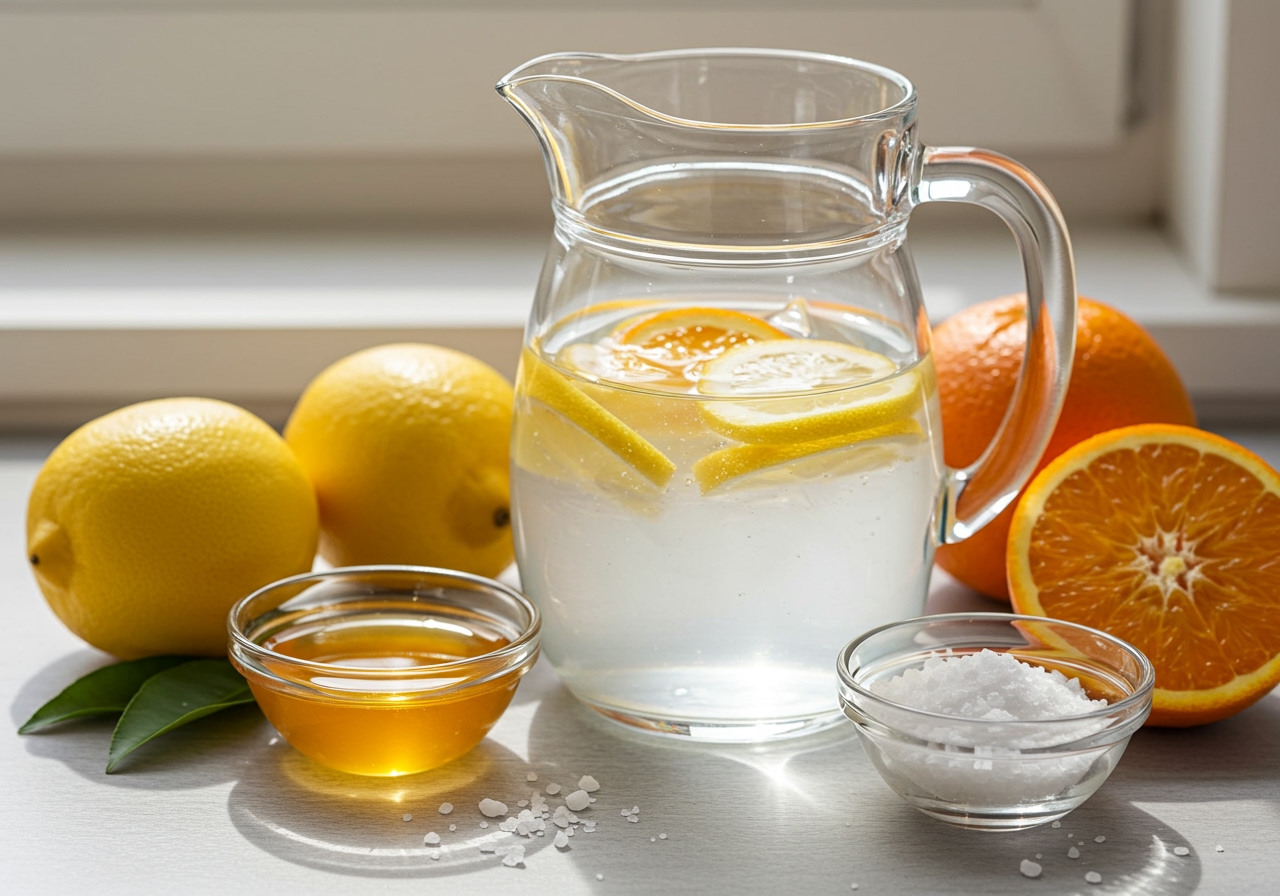 Fresh ingredients like lemons, oranges, honey, and salt arranged around a pitcher of water.