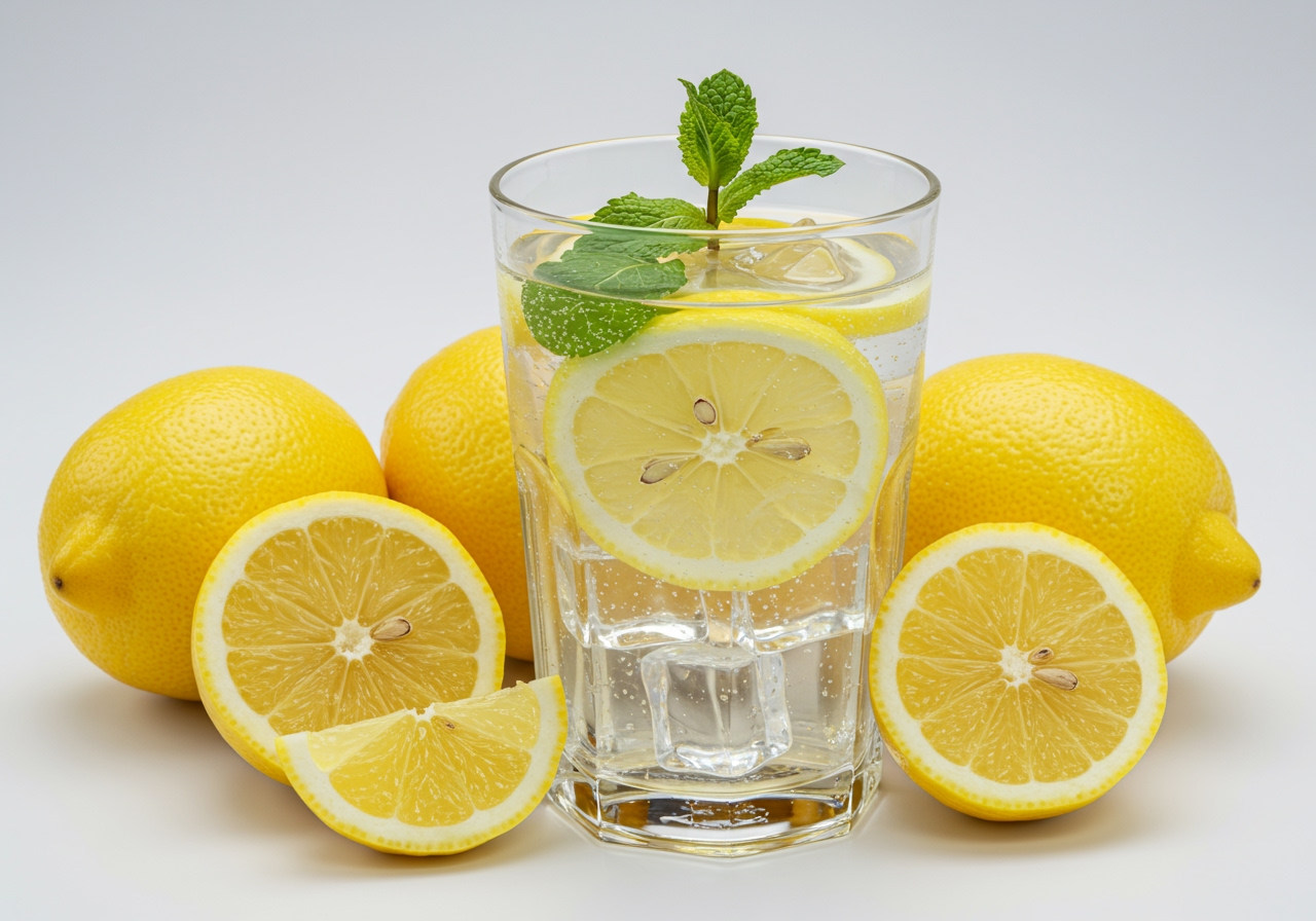 Fresh lemons and slices next to a glass of lemon water with ice and a mint sprig