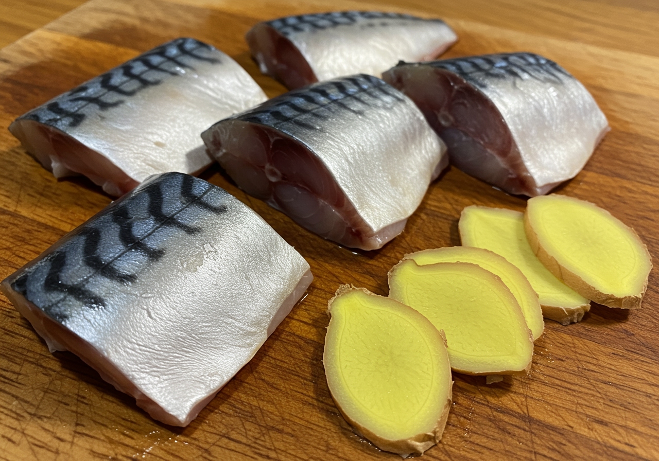 Fresh mackerel fillets and sliced ginger ready for cooking