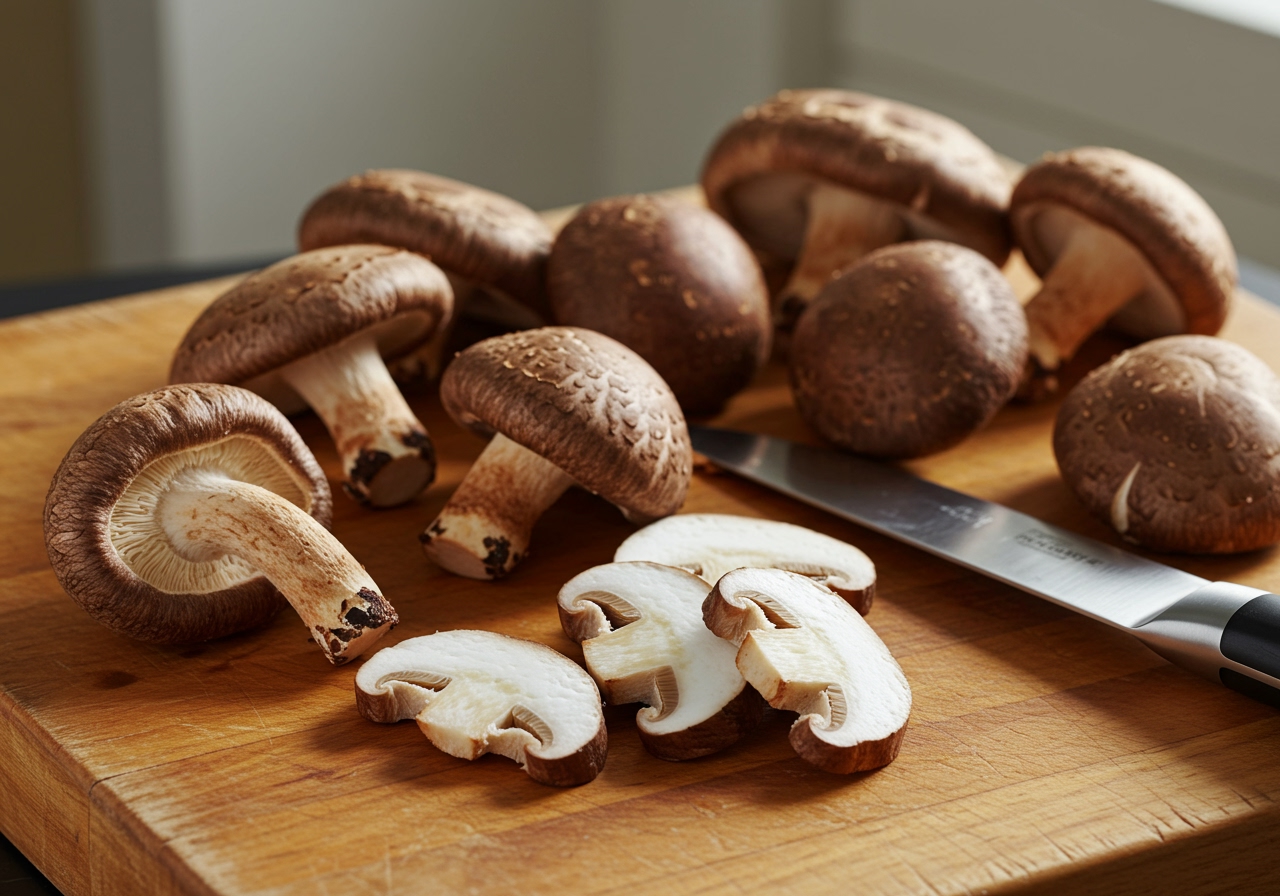 Fresh, plump shiitake mushrooms arranged neatly on a wooden cutting board, with some sliced and ready for cooking, next to a chef's knife.